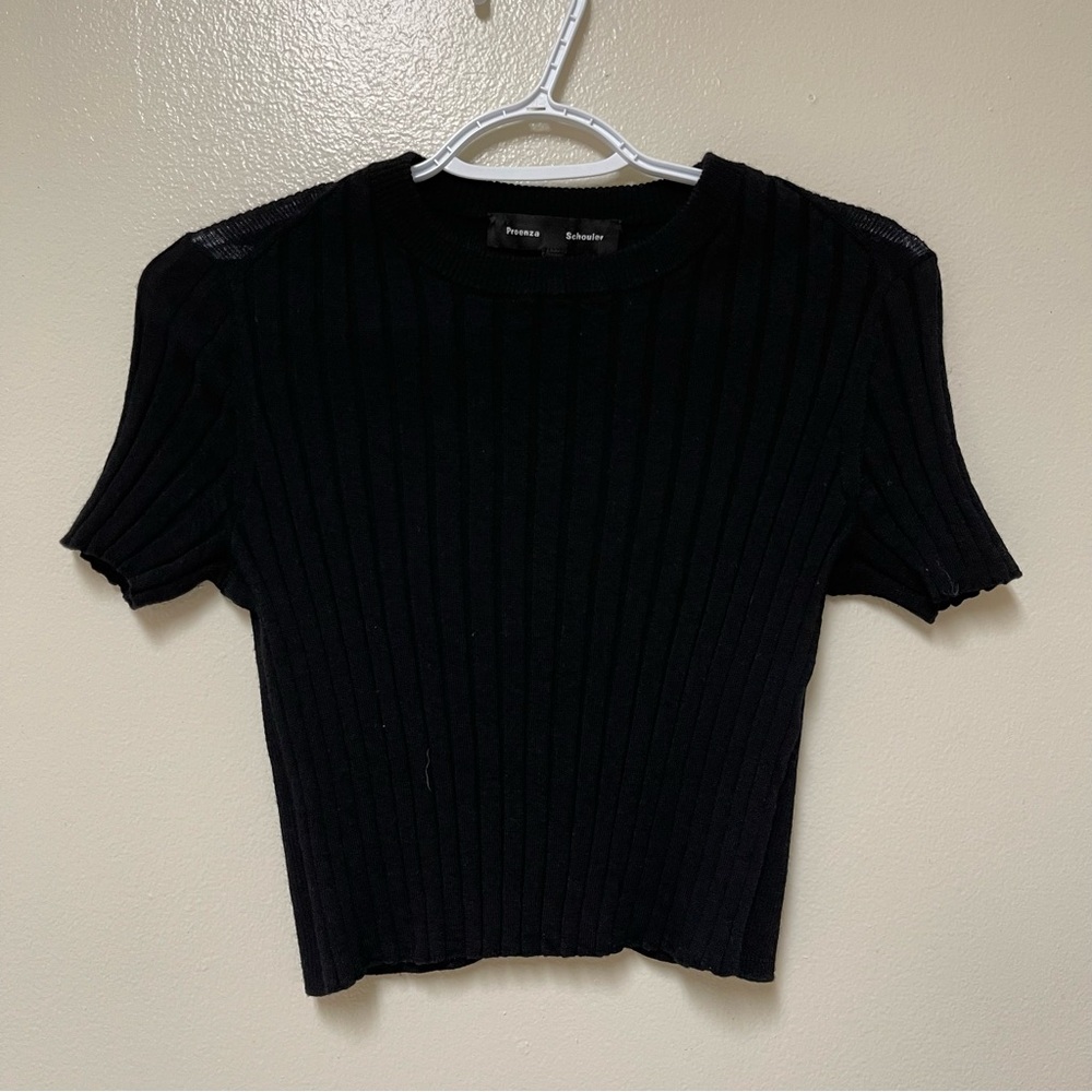 Proenza Schouler Black Wool Ribbed Knit Short Sleeve Sweater XS Cropped Academia